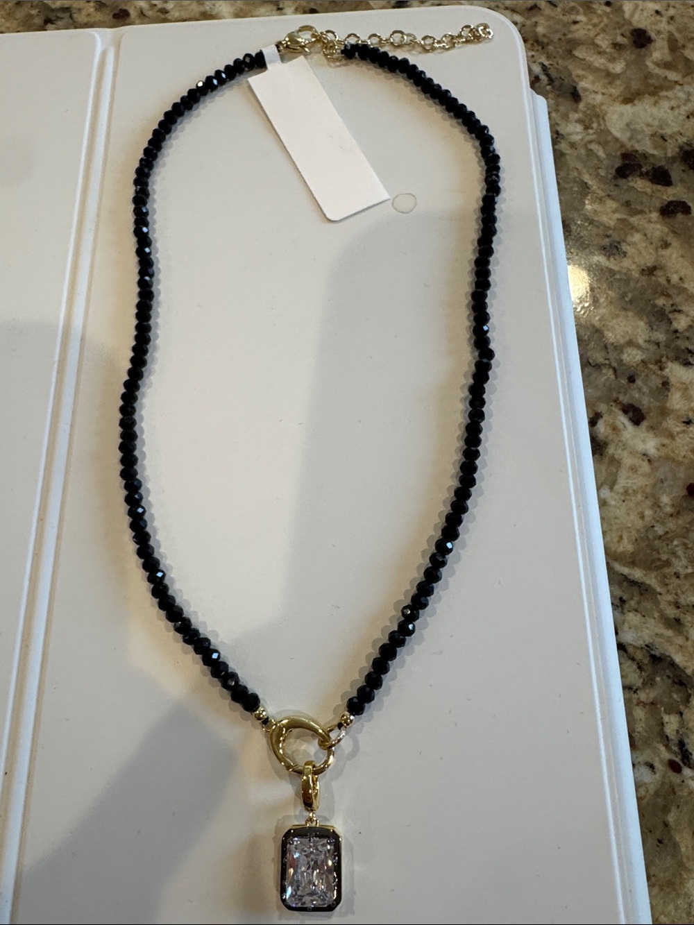 Beautiful Gold and Black Beaded Necklace with Square Pendant NWT